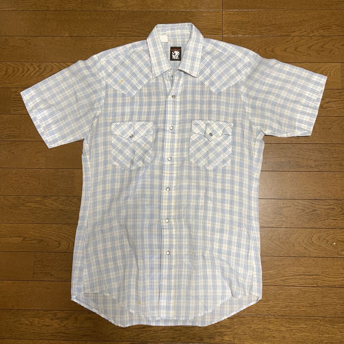 70s-80s KARMAN 半袖 ウエスタンシャツ 水色 M カーマン チェック柄 スナップボタン ヴィンテージ メンズ 古着 アメカジ — 1/7
