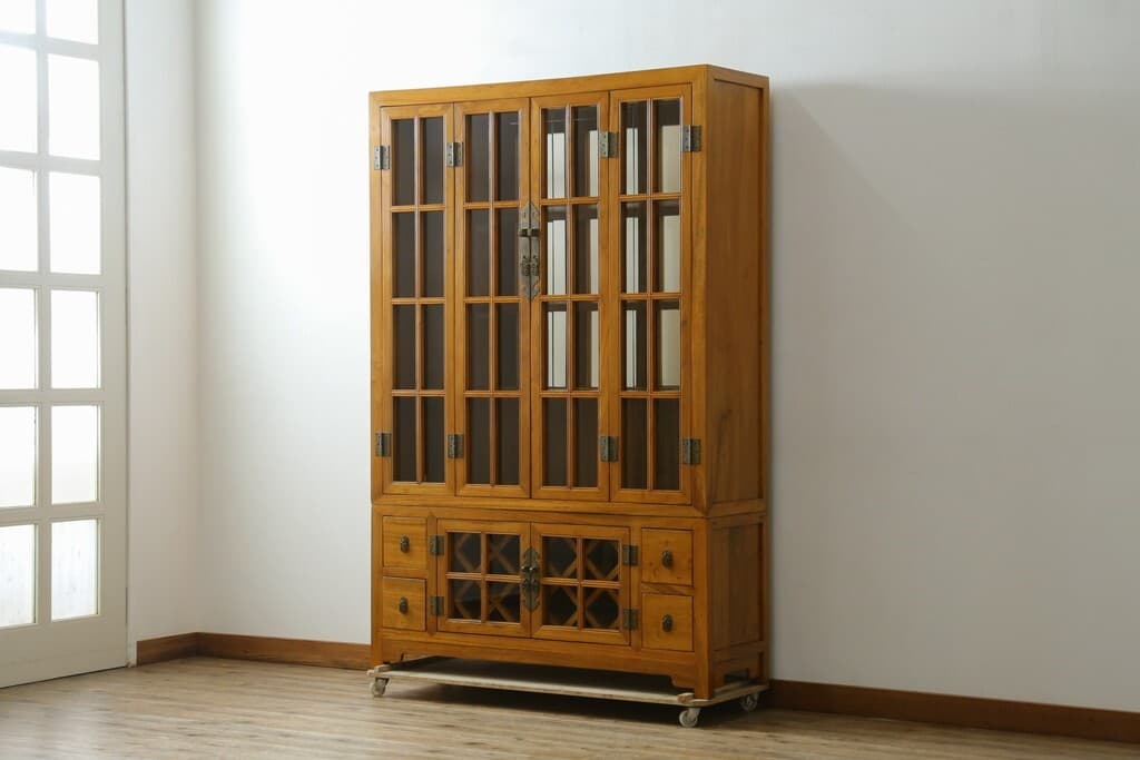 R-082472 アジアンヴィンテージ 超美品 李朝デザイン 総無垢材 ワインラック付き 二段重ねキャビネット — 1/1